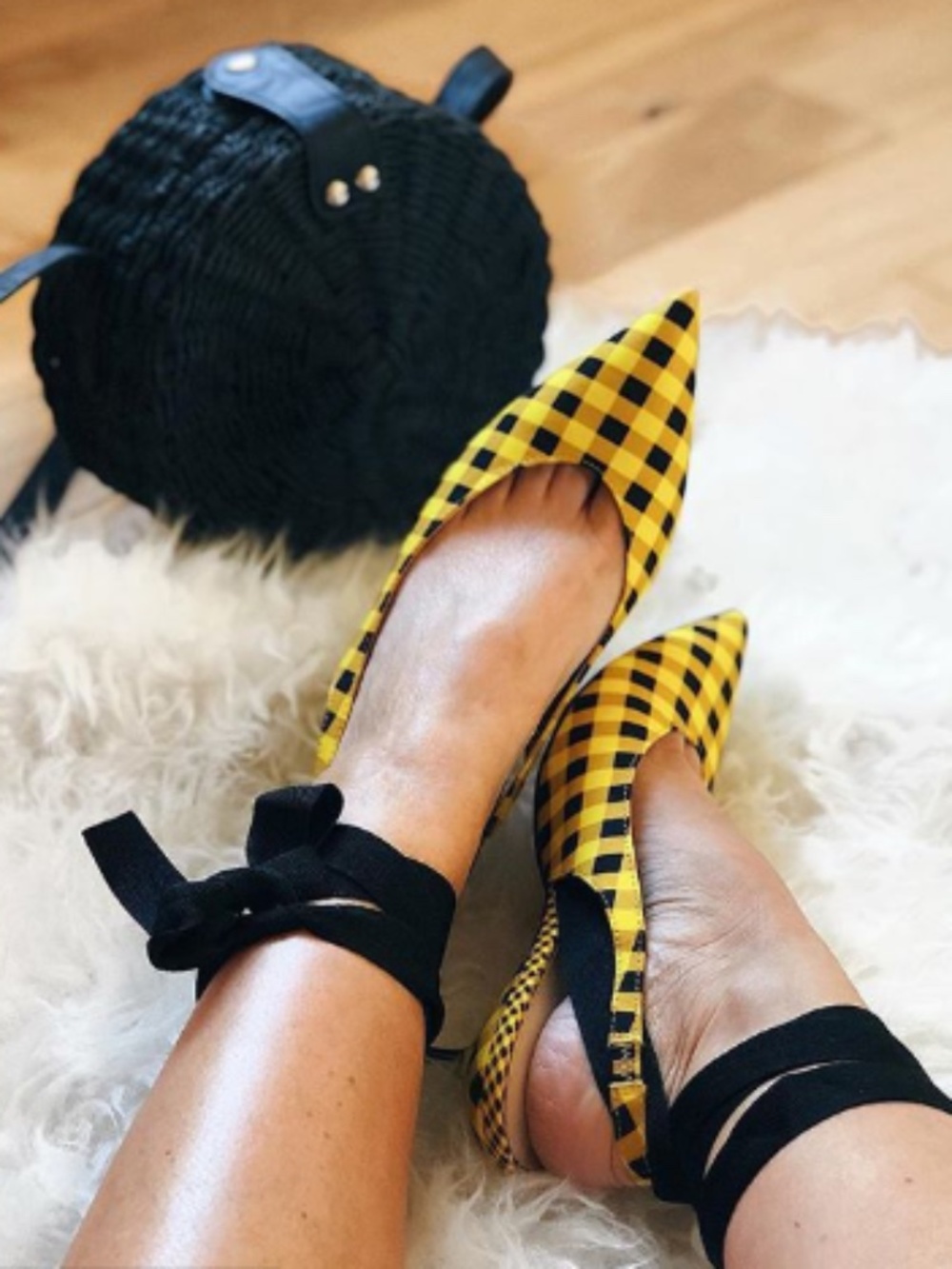 Zara Yellow & Black Check Kitten Heel Slingbacks with Ribbon Ties,  Size 9, NWT